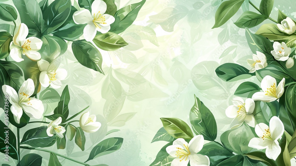07250736 210. A spring-themed vector illustration showcasing a frame of lush jasmine leaves interspersed with blooming white jasmine flowers, all rendered in a soft watercolor style, perfect for a 07250736 210. A spring-themed vector illustration showcasing a frame of lush jasmine leaves interspersed with blooming white jasmine flowers, all rendered in a soft watercolor style, perfect for a