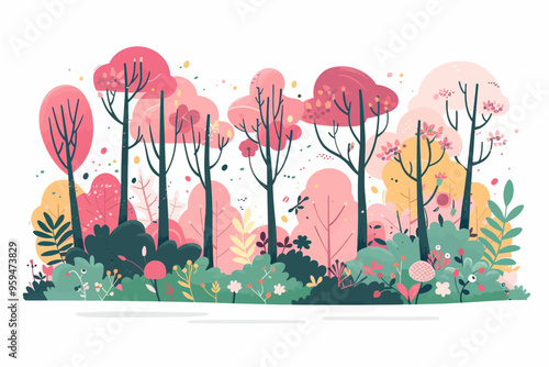 Vibrant Forest Scene with Pink and Yellow Clouds
