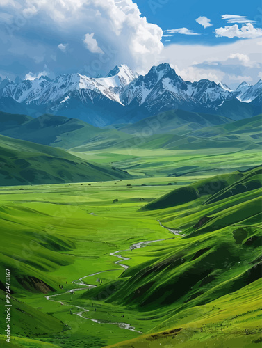 Vibrant green valley with winding river and majestic snow-capped mountains in the distance