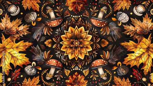 07250736 212. A detailed autumn-themed geometric pattern with vibrant yellow and orange ornaments, interwoven with illustrations of fall leaves and mushrooms, forming a seamless mosaic in rich, photo