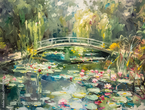 Vibrant Pond Scene with Bridge and Flowers