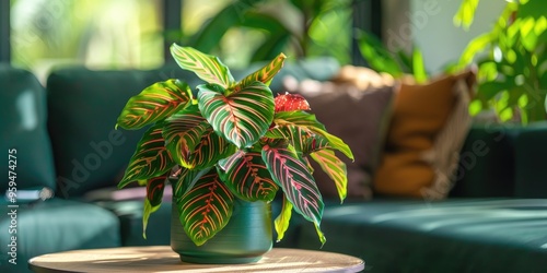 Vibrant Maranta plant with distinct red stripe foliage displayed on a table in a verdant living space rich in plant life. photo