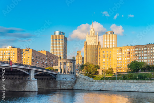 Borodinsky Bridge and Ministry of Foreign Affairs of Russia main building in Moscow. Russia