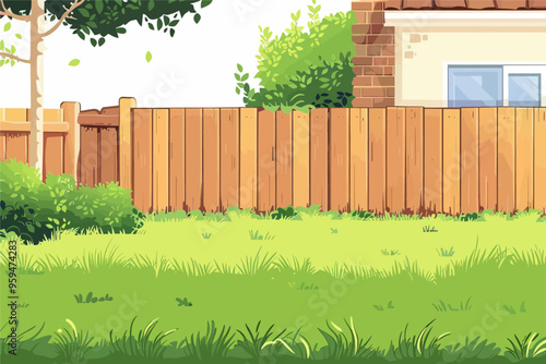 Vibrant Yard with Wooden Fence and Green Grass