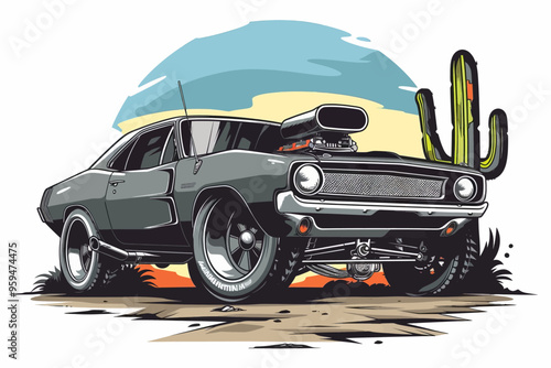 Vintage Muscle Car with Cactus and Desert Backdrop