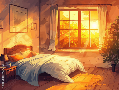 Warm and inviting bedroom scene with sunlight streaming through window