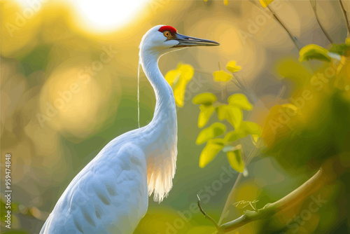 White bird with red head perched on branch with yellow flowers