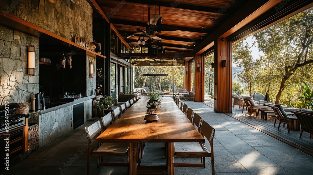Fototapeta premium Modern Dining Room with Stone Walls and Forest View