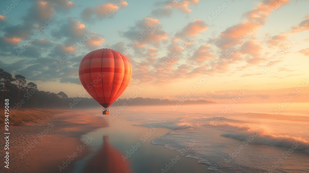 A serene hot air balloon over a beach at sunrise. A serene hot air balloon over a beach at sunrise.