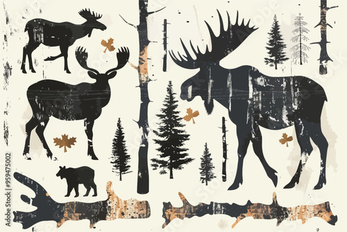 Wildlife Scene: Moose, Deer, Bear, and Pine Trees