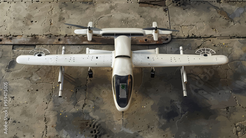 White Plane with Propellers and Landing Gear on Concrete Ground