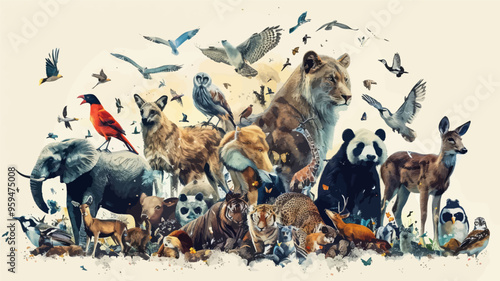 Wildlife Spectacle: A Diverse Collection of Mammals and Birds in a Vibrant, Artistic Style