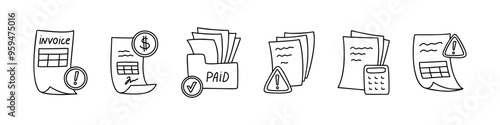 Line doodle over due payment icon set. Late pay invoice, expired deadline, failed money transfer notification, error sign, delivery delay, unpaid bill, warning mail document sketch illustration