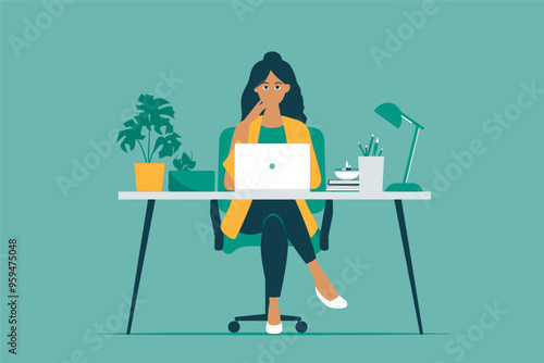 Woman Working on Laptop at Desk with Plants and Lamp