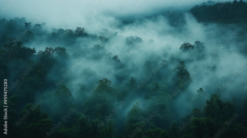 Morning mist rolling through a dense forest, foggy weather, mysterious ambiance Morning mist rolling through a dense forest, foggy weather, mysterious ambiance