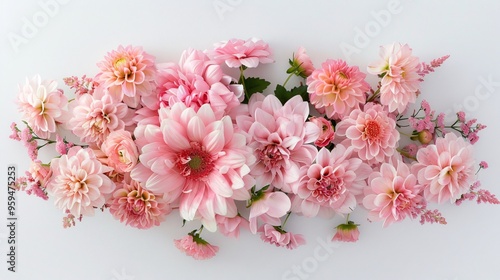 07250736 235. A striking design featuring a bouquet of pink flowers centered on a white background, with a focus on a large, central arrangement of pink blooms and a few smaller pink flowers