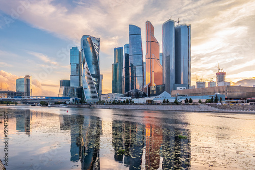 Photography High buildings of Moscow-City at Moskva River at summer sunset, Russia