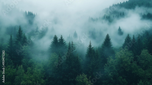 Morning mist rolling through a dense forest, foggy weather, mysterious ambiance