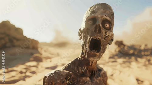 Zombie Screaming in Deserted Landscape photo