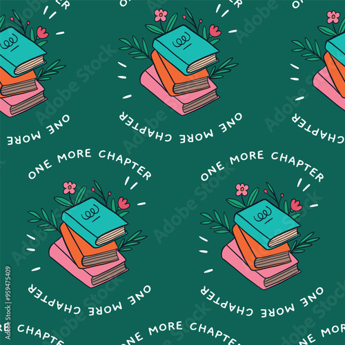 Cozy Book Lover's Seamless Pattern with Books and Plant Elements.