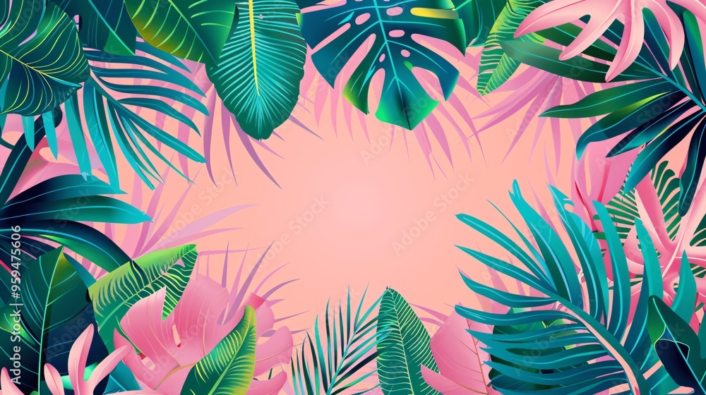 07250736 241. A vector tropical horizontal banner with ample copy space, featuring a lush floral background filled with a variety of vibrant palm leaves, creating a refreshing jungle summer backdrop 07250736 241. A vector tropical horizontal banner with ample copy space, featuring a lush floral background filled with a variety of vibrant palm leaves, creating a refreshing jungle summer backdrop