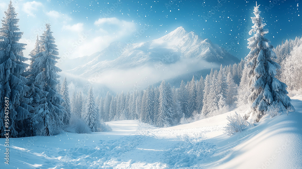 Obraz premium Heavy snowfall blanketing a mountain landscape, winter weather, cold and serene