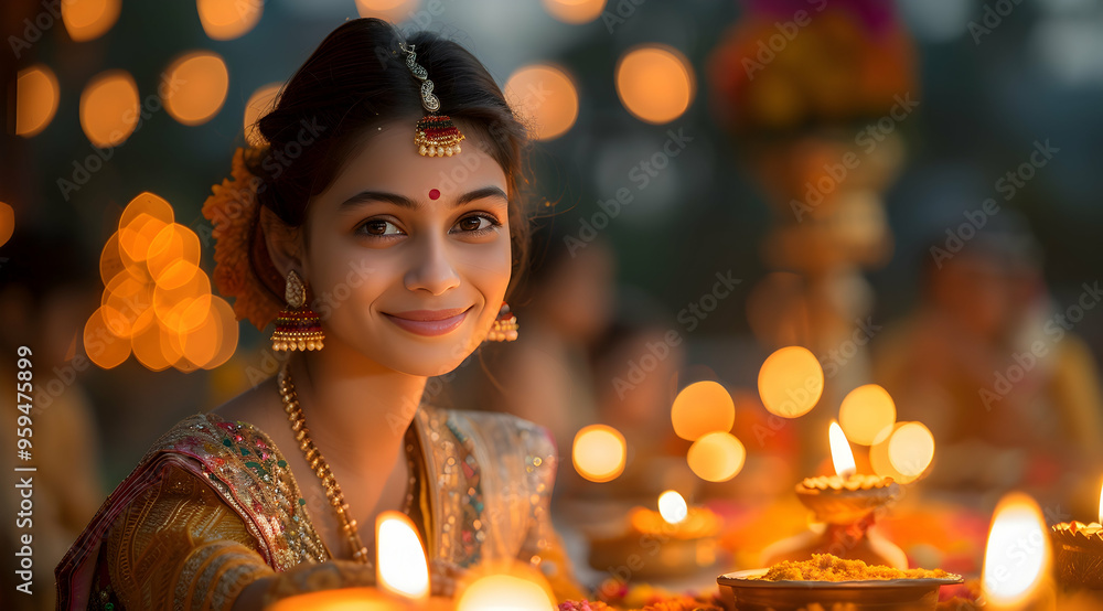 Smiling Woman in Traditional Indian Attire with Lit Candles Smiling Woman in Traditional Indian Attire with Lit Candles