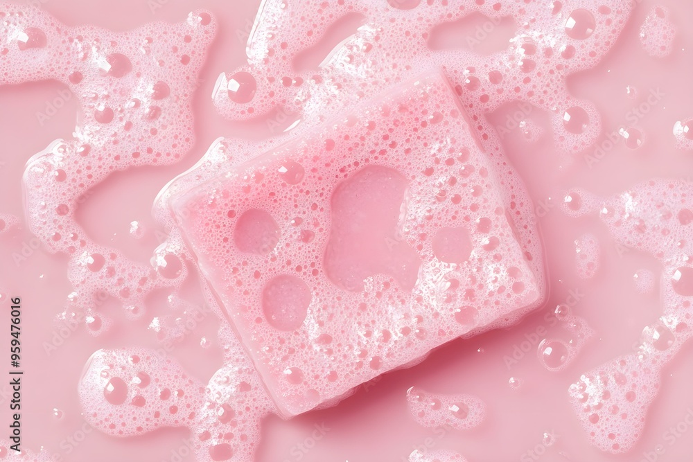 Top view pink soap bar wet with bubbles background Top view pink soap bar wet with bubbles background