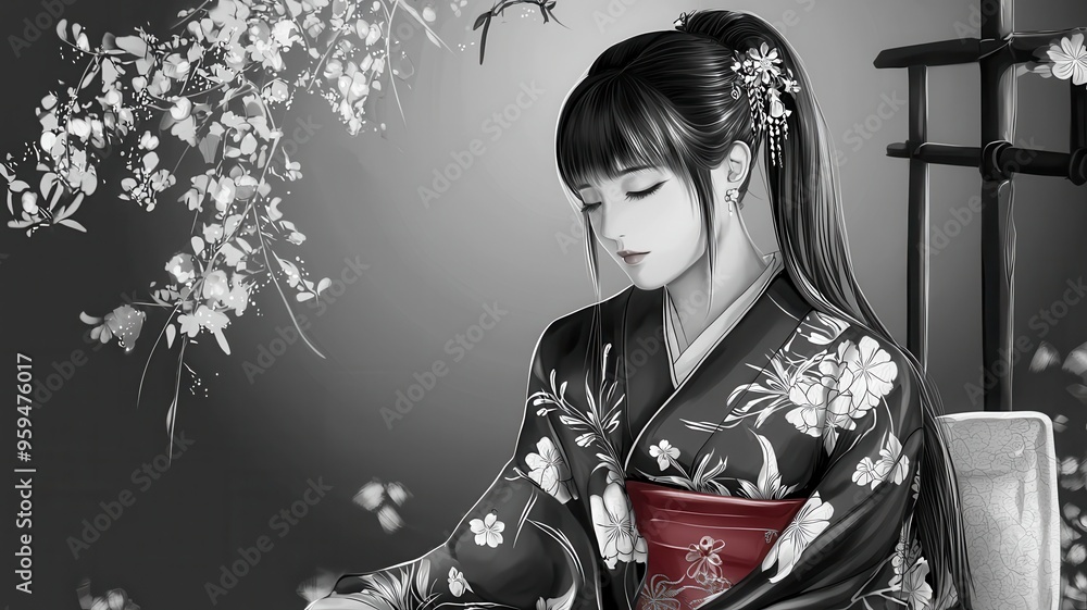 A serene portrait of a woman in a traditional kimono, immersed in nature, surrounded by blooming flowers in monochrome tones. A serene portrait of a woman in a traditional kimono, immersed in nature, surrounded by blooming flowers in monochrome tones.