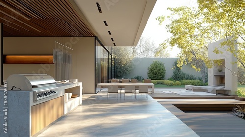 Modern Outdoor Kitchen and Dining Area with a Green Garden View photo