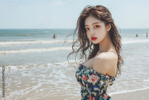 Stylish young Asian woman in off-shoulder dress at the beach, with Korean fashion influence, posing for the camera in a realistic, sunny summer vacation setting.