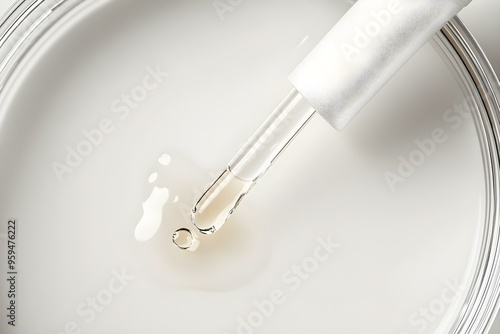 Cosmetic dropper pipette with drop transparent texture on white background