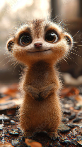 A cute, cartoon-like meerkat with big brown eyes smiles for the camera.