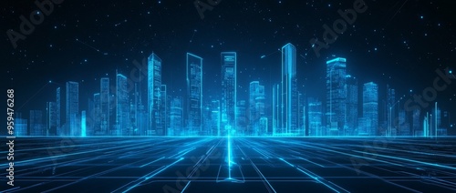 Futuristic city skyline with glowing lines, representing technology and progress.