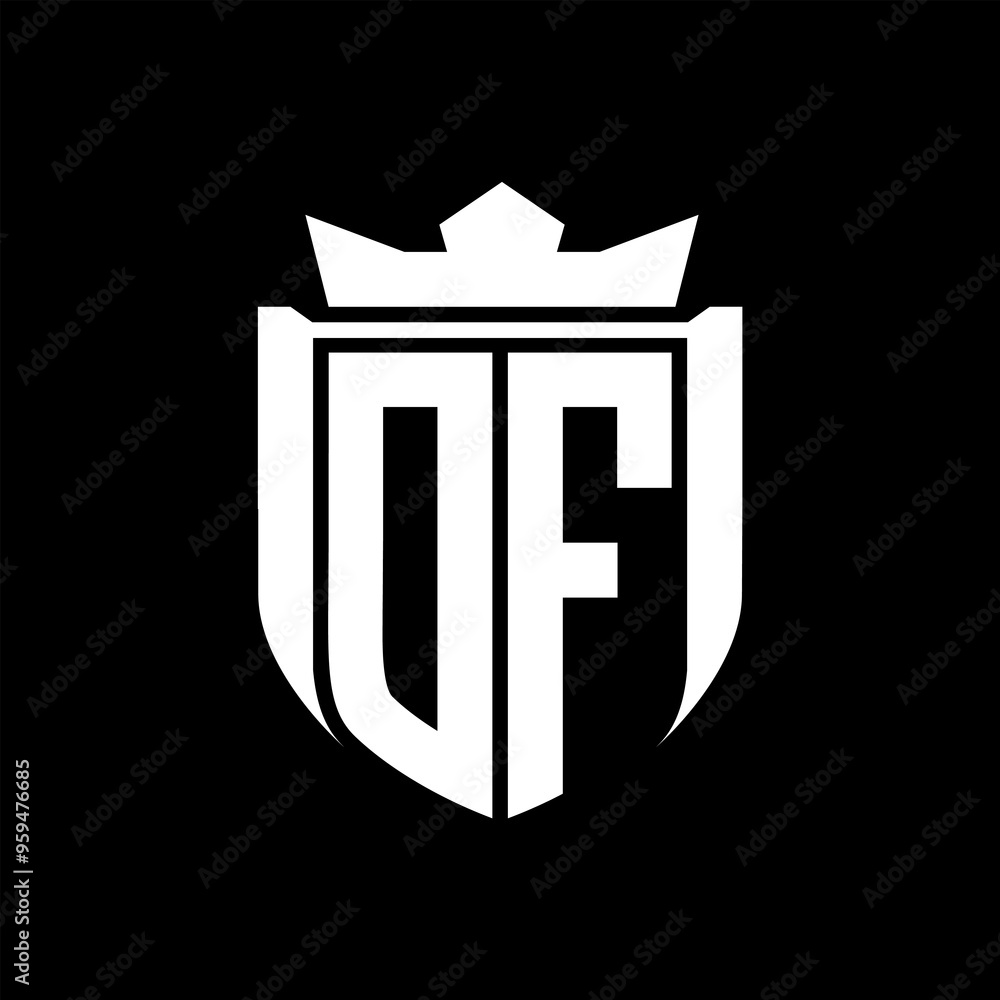 DF Letter logo shield shape inside shield badge crown on black background template design DF Letter logo shield shape inside shield badge crown on black background template design