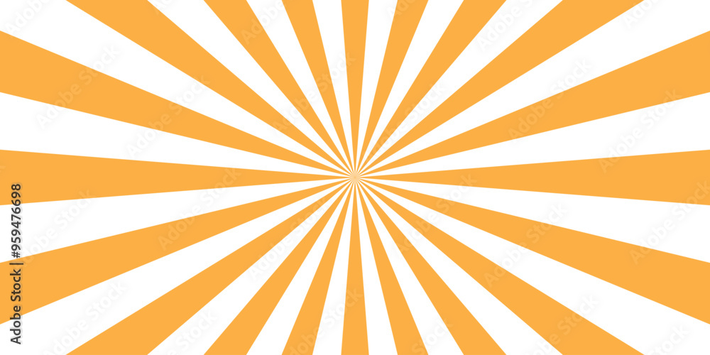 Vector orange sun rays and sunburst backdrop background. Sunbeam sunrise burst illustration with spiral sunray and striped pattern