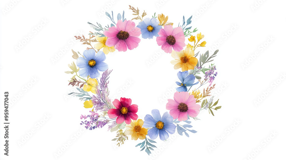 A beautiful floral wreath featuring vibrant flowers and delicate leaves, perfect for celebrations and home decor. A beautiful floral wreath featuring vibrant flowers and delicate leaves, perfect for celebrations and home decor.