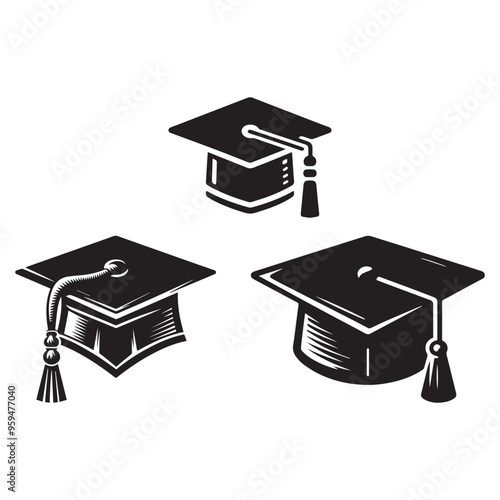 Black and white graduation hat silhouette. Educational concept element