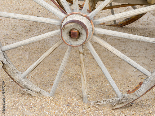 California, death Valley National Park. Borax Museum, wagon wheel and wheel hub detail photo