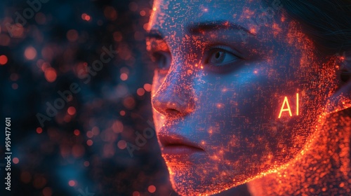 Artificial Intelligence Integration in Human Cognition Depicted by a Woman’s Face Illuminated with Glowing Digital Elements, Representing AI, Data Networks, and Futuristic Technology in a High-Tech 