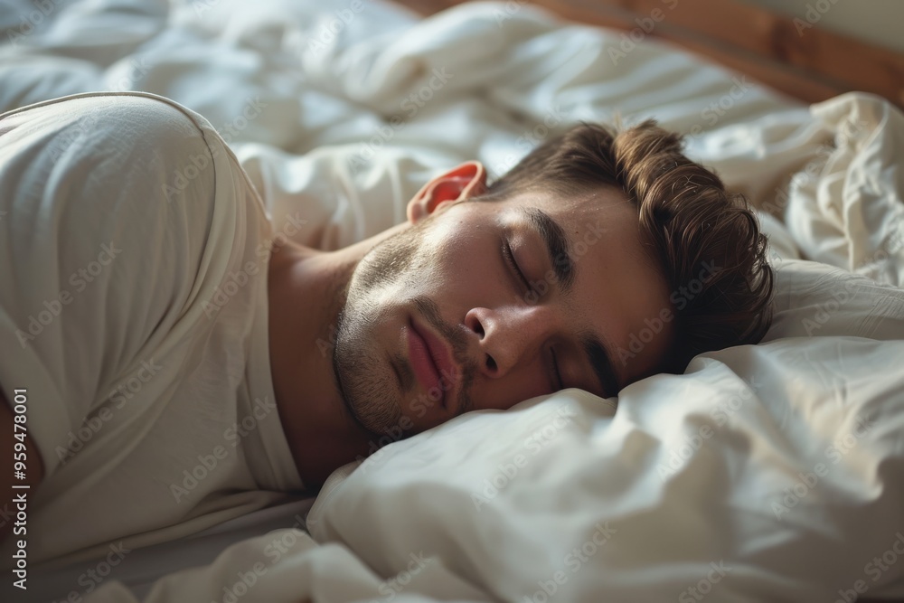 Man Sleep. Peacefulness Concept. Handsome Man Sleeping Comfortably in Bedchamber Man Sleep. Peacefulness Concept. Handsome Man Sleeping Comfortably in Bedchamber