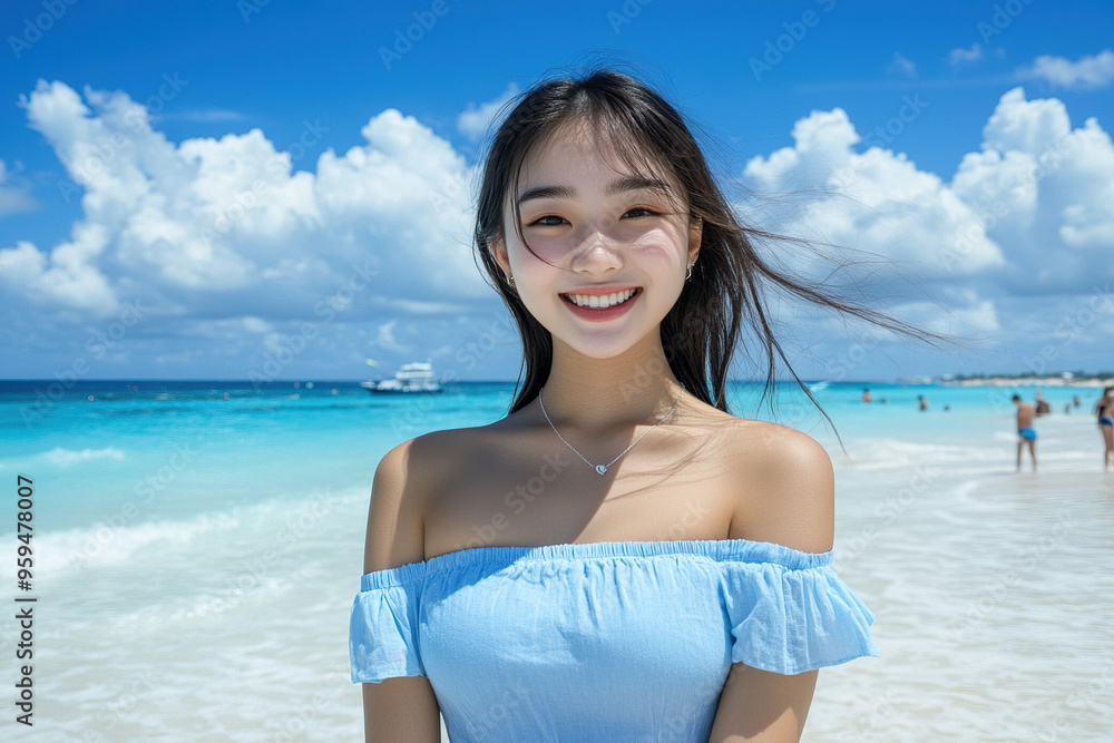 Asian woman in off-shoulder dress, styled in Korean fashion, posing at the beach for a summer vacation scene, captured in a high-resolution, photo-realistic manner. Asian woman in off-shoulder dress, styled in Korean fashion, posing at the beach for a summer vacation scene, captured in a high-resolution, photo-realistic manner.