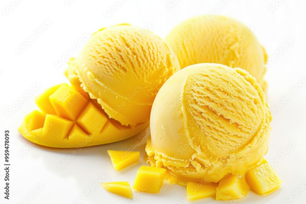 Mango Ice Cream Trio - Three Mango Flavored Scoops on Isolated White Background Mango Ice Cream Trio - Three Mango Flavored Scoops on Isolated White Background