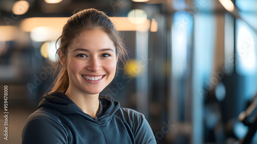 Free Download Portrait of smiling woman in a modern gym with sleek equipment - GFXLoad