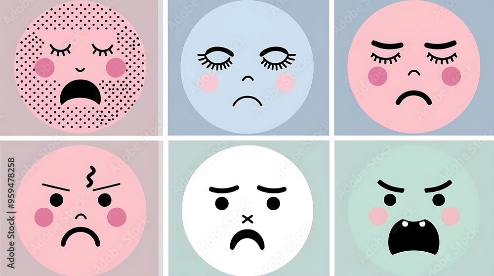 Illustration of 6 pastel-colored circular faces with various expressions in a 2x3 grid against a light grey background, featuring frustration, anger, confusion, and sadness. Illustration of 6 pastel-colored circular faces with various expressions in a 2x3 grid against a light grey background, featuring frustration, anger, confusion, and sadness.