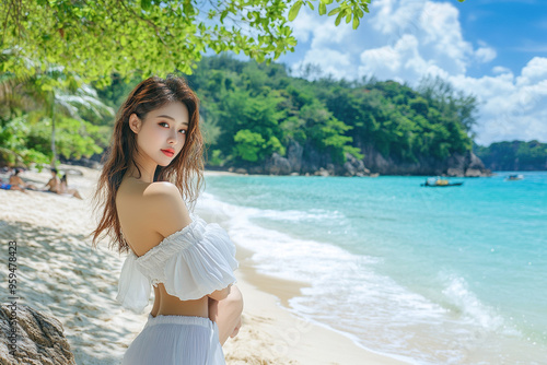 Beachside summer scene featuring a young Asian woman in an off-shoulder dress, styled like a Korean girl, posing gracefully in a realistic, serene seaside setting.
