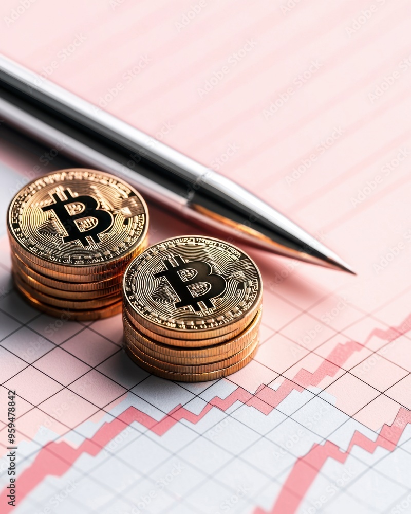 Stacked bitcoin coins on financial chart with pen representing cryptocurrency investment Stacked bitcoin coins on financial chart with pen representing cryptocurrency investment