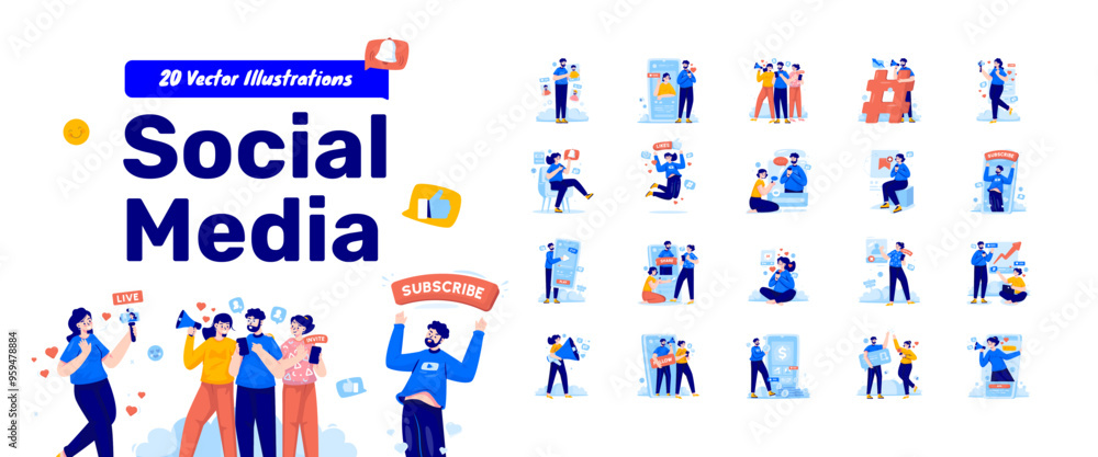Illustrations set of people with social media, Online communication networking cartoon collection set Illustrations set of people with social media, Online communication networking cartoon collection set