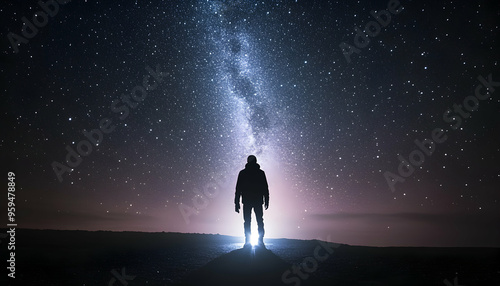 A lone figure stands under a vast night sky illuminated by the Milky Way.