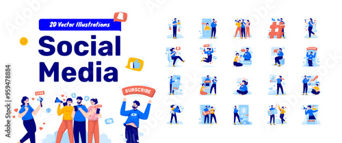 Illustrations set of people with social media, Online communication networking cartoon collection set